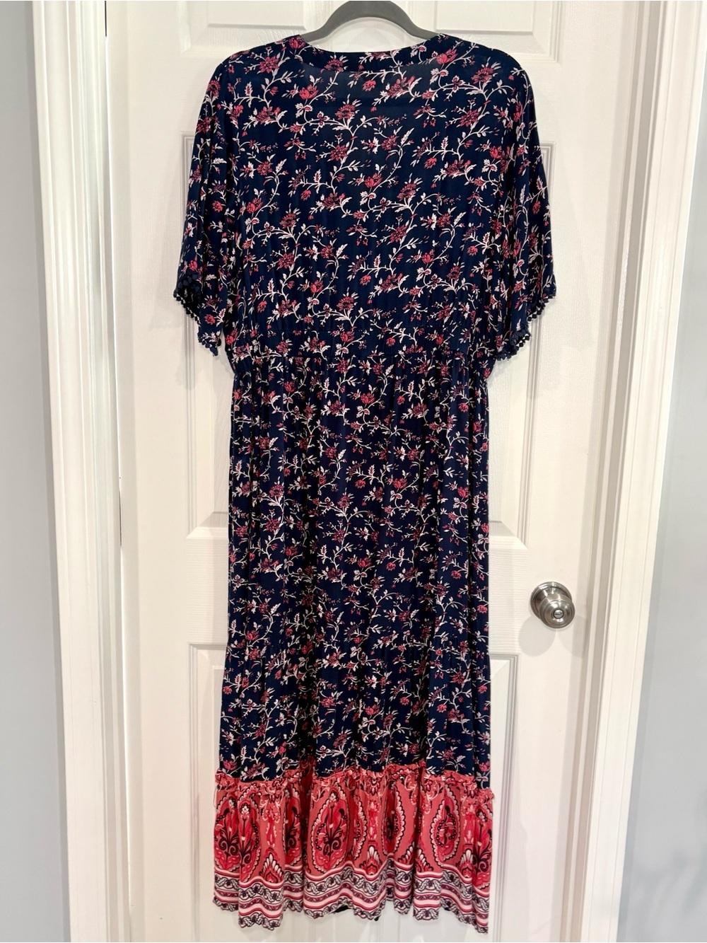 Violet Skies Boho Floral V-Neck Flowy Short Sleeve Navy Maxi Dress Women Size XL - Picture 9 of 15